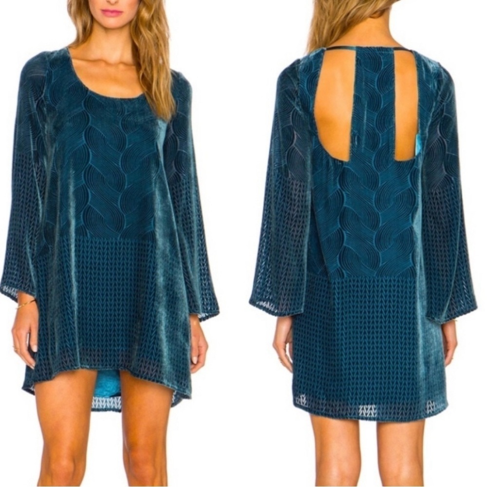 Chaser Burnout Velvet Mini Dress open back long sleeve turquoise blue x-small XS